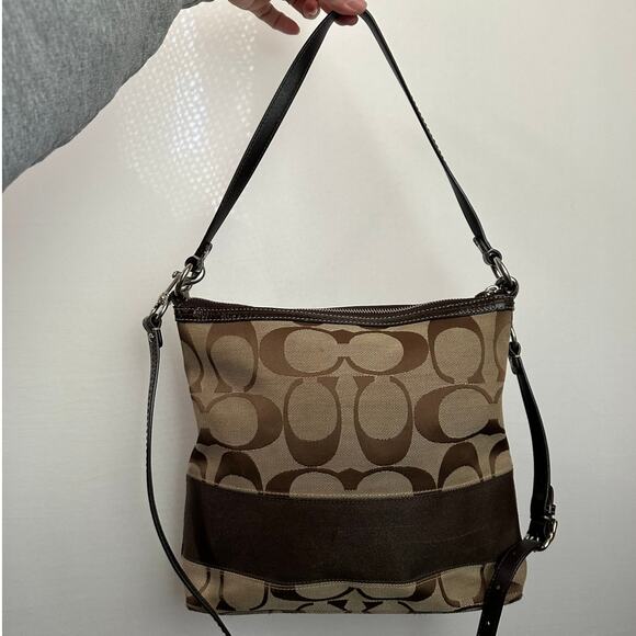 COACH Signature 2 Way‎ Shoulder Crossbody Bag Canvas Leather F13674 Brown - Picture 3 of 12